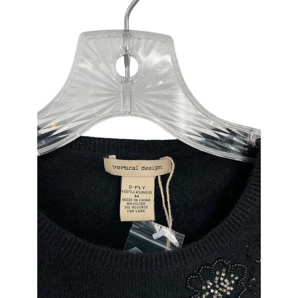NWT Vertical Design Cashmere Sweater Beaded 2 Ply Black Size Medium - Picture 5 of 6